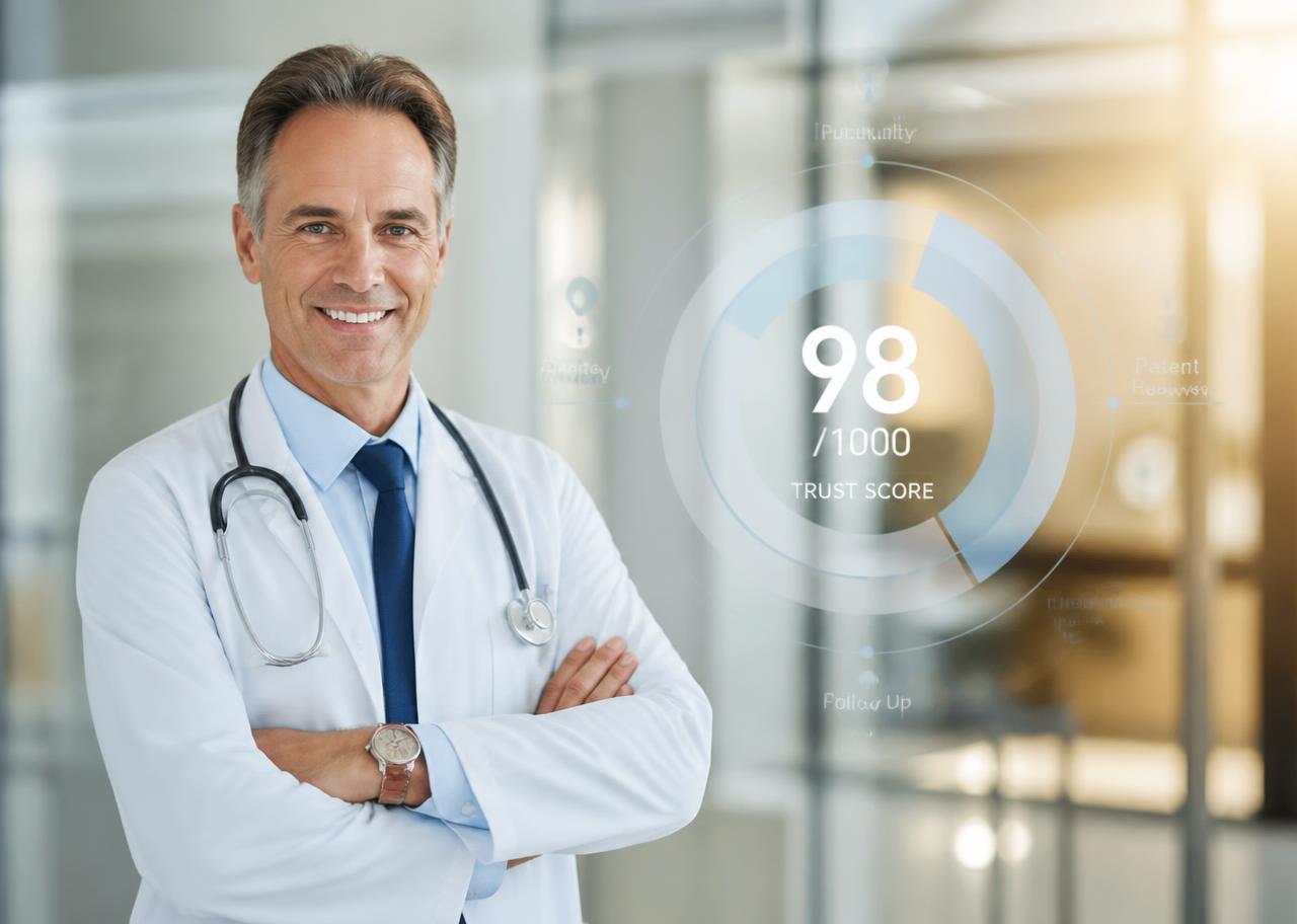 American physician in a white coat inside a modern hospital