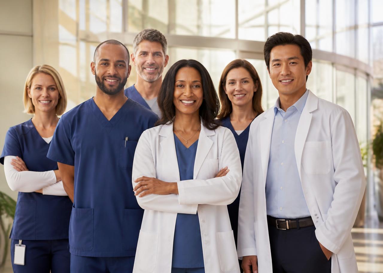 Diverse team of American healthcare professionals in a hospital atrium